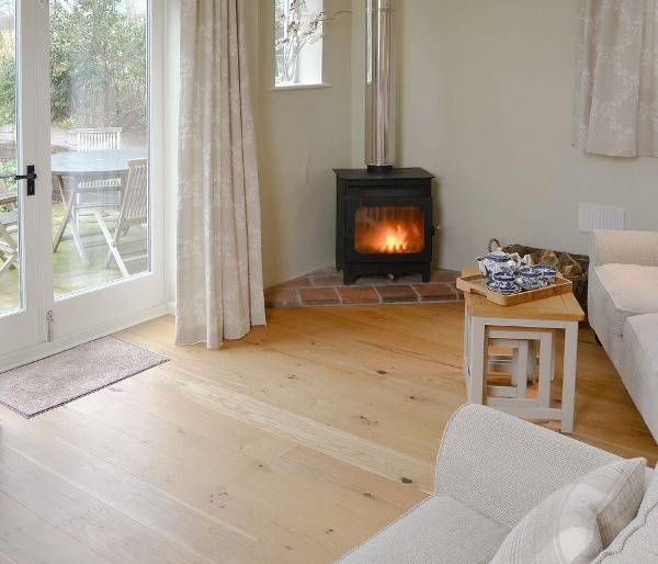 The living room with a wood burning stove at The Old Chapel in Itteringham, Norfolk
